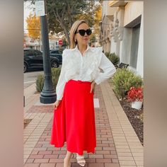 This Is A Beautiful Red Flared Belt Midi Skirt. You Can Wear This Skirt For Events, Holiday’s, And Much More. It Has A Liner Inside. Shell 100% Polyester Belted Midi Skirt, Red Flare, Midi Skirt, Womens Skirt, Skirt, Red, How To Wear, Women Shopping, Color