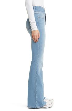 These soft and stretchy flare jeans feature a high, wide waistband with a shapewear effect that comfortably contours your natural silhouette. 34" inseam; 23" leg opening; 10 1/2" front rise; 15" back rise 51% cotton, 26% polyester, 22% rayon, 1% spandex Machine wash, tumble dry Imported Medium Wash High Waist Stretch Flare Jeans, High Waist Stretch Flare Jeans In Medium Wash, Stretch High Rise Medium Wash Flares, Stretch Medium Wash Full-length Flare Jeans, High Rise Medium Wash Fitted Flares, High Rise Stretch Denim Blue Flare Jeans, Light Wash Stretch Flare Jeans, Mid-rise Stretch Denim Flares, Stretch Denim Blue Full-length Flares