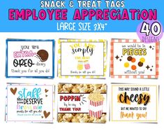 the snack and treat tags for employee appreciation are shown in four different styles, including popcorn