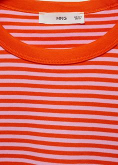 Printed striped T-shirt - Woman | MANGO USA Spring Cotton T-shirt With Striped Sleeves, Trendy Cotton T-shirt With Contrast Stripes, Trendy Cotton Tops With Striped Hem, Summer Crew Neck T-shirt With Striped Sleeves, Striped Graphic Print T-shirt For Spring, Spring Striped T-shirt With Graphic Print, Summer Cotton T-shirt With Striped Sleeves, Trendy Cotton T-shirt With Horizontal Stripes, Striped Cotton Tops With Graphic Print