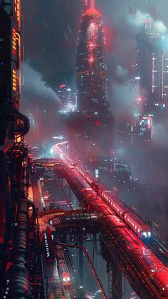 an image of a city at night with lights and fog in the air from above