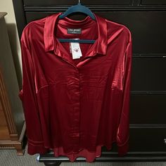 Lane Bryant Women’s Red Silk Button Down Dress Shirt Red Button Closure Shirt For Daywear, Red Button Closure Shirt For Party, Red Button Closure Party Shirt, Red Shirt With Button Closure For Daywear, Red Party Shirt With Button Closure, Red Button-up Blouse For Daywear, Red Button-up Blouse For Party, Red Buttoned Blouse For Daywear, Red Button-up Party Blouse