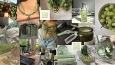 a collage of photos with green items and accessories in them, such as necklaces