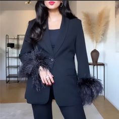 Bloggers Fav And Most Popular Black Feather Trim Pocket Blazer Perfect To Dress It Up On A Jeans,Pant,Mini Dress Etc!!Sold Out!!Feather Sleeves Are Removable Black Party Outerwear With Feather Trim, Fitted Black Outerwear With Feather Trim, Formal Feathered Outerwear For Winter, Chic Outerwear With Feather Trim For Evening, Chic Formal Outerwear With Feather Trim, Formal Long Sleeve Outerwear With Feathers, Formal Long-sleeve Feathered Outerwear, Long Sleeve Evening Outerwear With Feathers, Feathered Long Sleeve Evening Outerwear