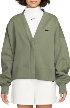 Nike Oversized Sweatshirt For Loungewear, Nike Oversized Sweatshirt For Spring, Nike Oversized Fleece Tops, Nike Oversized Spring Sweatshirt, Nike Casual Oversized Sweater, Casual Oversized Nike Sweater, Oversized V-neck Sweatshirt For Spring, Comfy Cotton Outerwear With Relaxed Fit, Nike Cotton Sweater For Fall