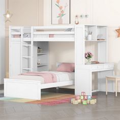 a white bunk bed sitting next to a desk and chair in a room with hardwood floors