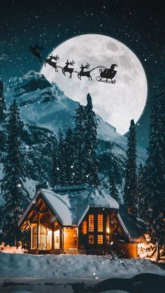 A cozy cabin in the snowy woods with Santa flying across the full moon in his sleigh, creating the perfect magical Christmas wallpaper scene. Merry Christmas Wallpaper, Christmas Wallpaper Backgrounds, Christmas Aesthetic Wallpaper, Christmas Collage