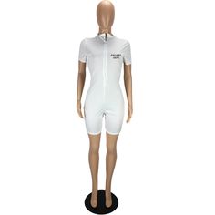 Sportswear Short Sleeve Zipper Skinny Rompers White Stretch Activewear For Leisure, Casual Stretch Activewear With Zipper Closure, Spring Athleisure Activewear With Zipper Closure, Letter Print, Printed Shorts, 1 Million, Letter Prints, Rompers, Zipper