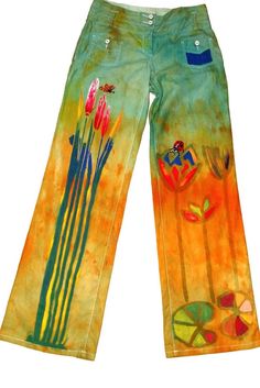 Boho chic pants/Floral pants/Tie dye Boho pants/Women's vintage inspired pants/Hand painted retro women's pants/Colorful retro pastel pants/ PLS> CONTACT ME BEFORE AD TO CART. As modern women of the world we want to be strong & free as well as feminine, girly & love beautiful things. We want to feel our days are sorted & We have prioritized what's important to us. A balance that keeps us being all we can be. My Women colored clothes are designed to bring hand painted prettiness into your everyda Multicolor Full-length Jeans For Spring, Multicolor Full Length Jeans For Spring, Spring Multicolor Full-length Jeans, Colorful Cotton Wide Leg Pants, Colorful Wide Leg Cotton Pants, Colorful Long Pants For Spring, Spring Multicolor Jeans, Multicolor Straight Leg Spring Pants, Multicolor Straight Leg Pants For Spring