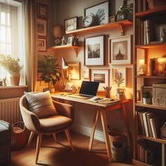 a desk with a laptop on it in front of a book shelf filled with books