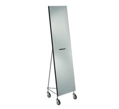 a tall mirror with wheels on the front and back sides, is shown against a white background