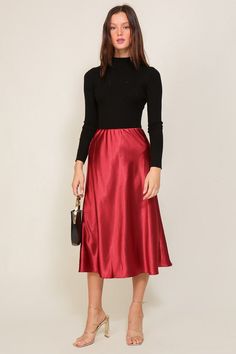 This elegantly luxurious skirt cascades down to the mid-calf. Its gorgeous fusion of supple satin and a fitted elastic waistband makes for a captivating silhouette that's both flattering and comfy. Perfect for any event needing sophistication, and just a great dressed down with a graphic tee and your favorite outerwear. True to size. Red Satin Skirt Outfit, Midi Satin Skirt, Midi Flare Skirt, Retro Styles, Chic Skirts, Red Skirt, Satin Midi Skirt, Elegant Skirt, Refined Style