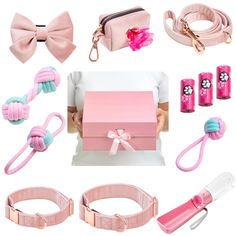 pink and blue accessories are arranged on top of each other, including a bow tie