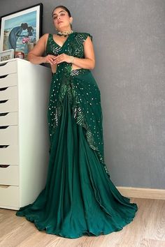 Emerald green satin organza pre-draped saree with mirror, thread and cutdana hand embroidered borders. Comes with a tulle padded blouse. - Aza Fashions Emerald Green Mirror, Mirror Saree, Saree Satin, Saree Gowns, Dhoti Saree, Cotton Sarees Handloom, Draped Saree, Green Mirror, Ruffle Saree