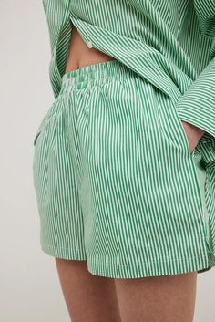 Striped Elastic Waist Cotton Shorts Green | NA-KD Striped Pajama Pants, France Outfits, Pyjama Pants, Pajama Pant, Elastic Waist Shorts, Pajama Shorts, Na Kd, Fashion Sketches, Outfits Aesthetic