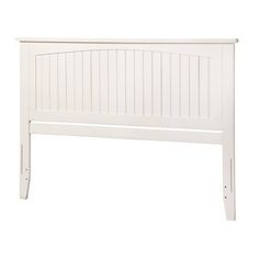 a white headboard with wooden slats on the top and bottom panel, against a white background