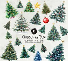 christmas tree clipart set in watercolor and ink