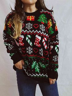 Festive Knit Santa Candy Canes Trees Round Neck Holiday Sweater This oversized knit sweater offers functionality with beautiful holiday print.Features a unique stripe pattern with Snowflakes, Christmas trees, hearts, candy canes, stockings and mistletoe.Bold, colorful and festive that you will want to wear everyday year.Round neckline, long sleeves and bottom hem all have ribbed trim.Perfect pullover for pairing with jeans or leggings for fall and easy to layer for winter.Casual chic sophisticat Sweater Christmas Stockings, Heart Snowflake, Tree Heart, Elegant Sweater, Snowflake Design, Party Kleidung, Knit Style, Sweater Jumper, Style Party