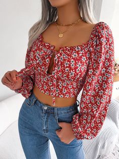 F00177013-205 Chiffon Crop Top, Floral Print Chiffon, Bodycon Floral Dress, Chiffon Material, Chiffon Shirt, Crop Top Blouse, Fashion Seasons, Floral Chiffon, Chiffon Blouse