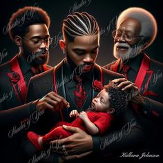 three black men are holding a baby in their arms and one is wearing a red shirt