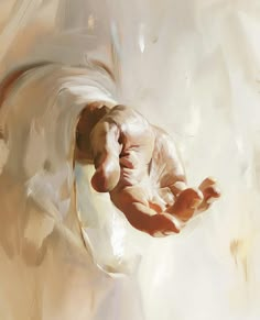 an abstract painting of a baby's hand reaching out to touch the ground with its fingers