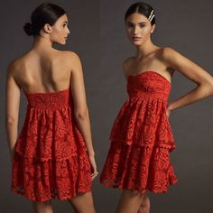 Nwt Maeve For Anthropologie Strapless Lace Mini Dress In Red. Adorned With Delicate Open-Stitched Floral Lace And Scalloped Details, This Mini Silhouette By Maeve Is Framed With A Strapless Sweetheart Neckline To Show Off Sun-Kissed Shoulders And Golden Accessories. Open To Questions And Offers! More Details: -Approx 33.75" Bodice Length -Measures Approx 15" Pit-To-Pit While Laying Flat -Stretchy Smocked Panel On Back Of Bodice -Hidden Side Zip -Matching Detachable Straps Included -Lined -Cotton Western Style Wedding Dress, Layered Lace Dress, Light Blue Wedding Dress, Sweatheart Neckline, Golden Accessories, Watercolor Floral Dress, Little Red Dress, Blue Wedding Dresses, Strapless Midi Dress