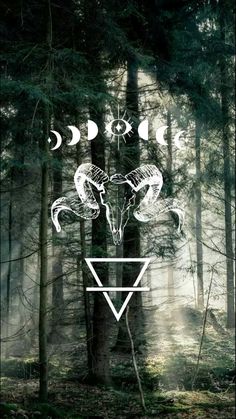 an animal with horns in the middle of a forest, surrounded by trees and moon phases