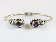 Sterling silver amethyst gemstone Bali cuff bangle. Code BB_137 Measurement 60mm Weight approx 13.6g Silver Amethyst Gemstone Bangle, Silver Amethyst Gemstone Cuff Bracelet, Elegant Silver Amethyst Cuff Bracelet, Elegant Silver Amethyst Bangle, Poison Ring, Bone Ring, Locket Ring, The Bangles, Hinged Bangle