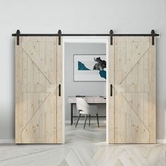 an open sliding door in a room with white walls and wood floors, along with a desk