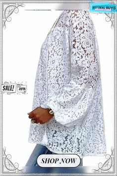 Women's Plus Size Blouse Shirt Floral Flower Long Sleeve Lace Hollow Out V Neck Tops Loose Lace Casual Basic Top White-830 Cheap Cotton Lace Top, Bell Sleeve Pattern, Blouse Necklines, Floral Lace Blouse, Plus Size Blouse, Half Sleeve Blouse, Bride Clothes, Midi Dress With Sleeves, Blouse Shirt