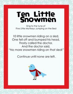 the ten little snowmen poem is shown in red, white and blue with an image of a bird on it