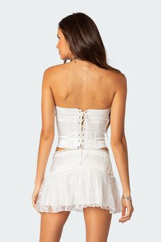 PRODUCT INFO Corset Strapless fit Sheer lace panel Back lace up closure Satin fabric Matching set Polyester, Spandex Model wears size S Model height is 5'7 Item care: Wash with similar color White Lace Corset, Fabric Matching, Lace Corset Top, White Corset, Lace Set, Miniskirt Outfits, Lace Corset, Alter Ego, Lace Panelled