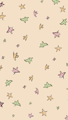 an image of birds flying in the air on a beige background with pink, green and yellow stars