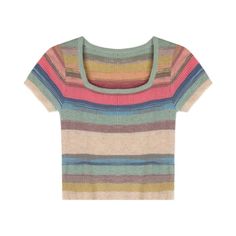 Rainbow Stripe Colorblock Short Sleeve T-shirt Multicolor Tops With Color Matching For Summer, Green Tops For Spring, Multicolor Cotton Color Block Tops, Multicolor Tops With Color Matching For Spring, Trendy Multicolor Crew Neck Top, Trendy Color Block Crew Neck Top, Multicolor Color Block Crew Neck Top, Trendy Cotton Tops With Color Matching, Multicolor Color Block Short Sleeve T-shirt