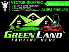 the green land logo is shown in front of a black background with an image of a lawn mower