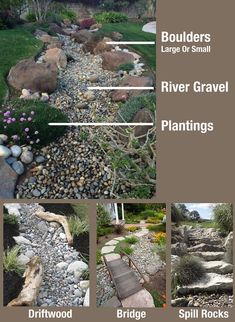 several different types of rocks and plants in a garden with text describing them as boulders, large or small river gravel plantings