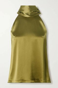 Safari Green, Lady Loki, Halterneck Top, Fashion Tops Blouse, Halter Neck Top, Gold Accessories, Dressy Tops, Green Satin, Blouse Styles