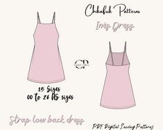 the front and back view of a pink dress, with measurements for each one piece