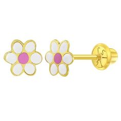 Your little girl will look precious with these adorable baby earrings made of 14k gold which are suitable for sensitive ears. Featuring a cute daisy flower colored with pink and white enamel, leading to a post with safety screw backs for children. These gold flower earrings make a perfect gift for any special occasion such as holidays or birthdays. A complimentary gift box is included for your convenience. Cute Gold Flower-shaped Earrings, Pink Flower Enamel Earrings, Pink Enamel Flower-shaped Earrings, Pink Flower-shaped Enamel Earrings, Pink Enamel Jewelry For Birthday, White Flower Playful Jewelry, Playful White Flower Jewelry, Playful White Flower-shaped Jewelry, White 14k Gold Flower-shaped Earrings