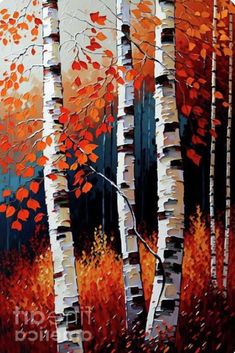 a painting of some trees with orange leaves