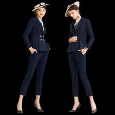 FBT - Navy Blue Business Women Blazer Pants Suits - FashionByTeresa Women Blazer, Pocket Edition, Suit Fabric, Blazers For Women, Business Women, Single Breasted, Navy Blue, Slim Fit, Spandex