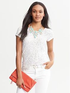 Lace Scoop-Back Top. really into the white on white look lately White Scalloped Lace Short Sleeve Top, Top Banana, Winter Warmers, Banana Republic, Engagement Party, Peplum Top, Stitch Fix, Casual Dress, Short Sleeves