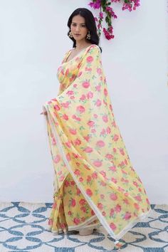 Shop for Summer by Priyanka Gupta Yellow Silk Mull Floral Bloom Print Saree With Blouse for Women Online at Aza Fashions Summer Sharara With Unstitched Blouse In Georgette, Summer Chanderi Saree With Dupatta, Chanderi Saree With Dupatta For Summer, Summer Georgette Sets With Pallu Detail, Traditional Spring Saree With Printed Motifs, Summer Unstitched Chanderi Saree, Spring Semi-stitched Saree With Pallu, Summer Georgette Saree With Dupatta, Unstitched Chanderi Saree For Summer