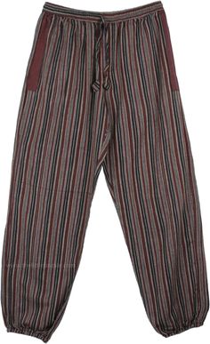 Light and fun elastic bottom breezy harem pants with striped fabric in brown, black, beige and white. It features an elastic waist with a flexible drawstring and two deep side pockets on either side. Great for hot summer days, yard selling, flea market shopping, music concerts to summer festival; these pants are a good fit anywhere. Length: 40", inseam 29" ; Waist: 26"- 36" ; Material: 100% Cotton Casual Brown Harem Pants For Loungewear, Brown Harem Pants With Pockets For Loungewear, Brown Relaxed Fit Harem Pants For Loungewear, Casual Striped Cotton Harem Pants, Casual Striped Pants With Side Pockets, Womens Harem Pants, Goblincore Clothes, Cotton Pants Women, Cotton Harem Pants