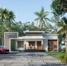 a small house with a car parked in front of it and palm trees around the yard