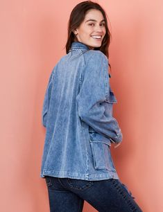 The Knit Denim Jacket. Four front cargo pockets, hidden zip, drawstring waist. Too cute and comfortable for words! The model is 5'7" wearing a size small Length: 25" from shoulder Below The Knee Dresses, Billy T, Denim Vests, Denim Overall Dress, Knit Denim, Cropped Flare Jeans, Denim Romper, Jean Accessories, Knee Dress