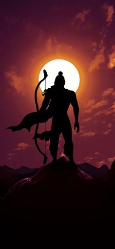 the silhouette of a man with a bow and arrow in front of an orange sun