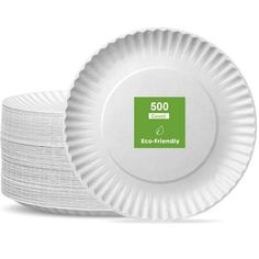 paper plates stacked on top of each other with the words eco - friendly printed on them