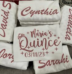 Personalized Quinceañera tees. Damas Gift Ideas, Quince Custom Shirts, Dama Gift Ideas, Pink Quince Chambelanes Outfits, Dama Gifts, Xv Shirts, Quince Shirts Ideas, Baile Sorpresa Outfits Quinceanera, Quinceanera Surprise Dance Outfits