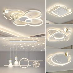 the ceiling lights in this room are all white and have circular shapes with circles on them